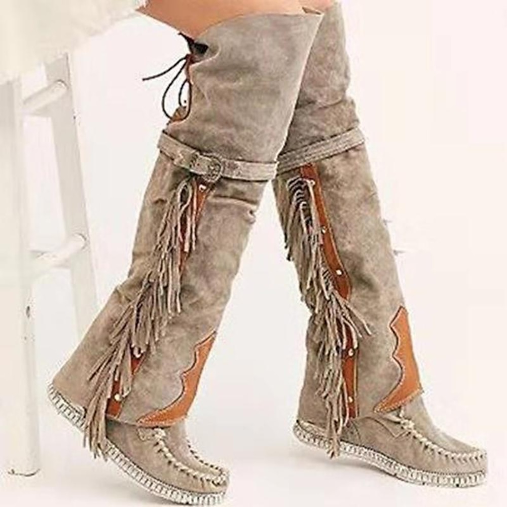 Kniehohe Mokassin-Stiefel aus Wildleder mit Fransen für Damen - Vintage-Boho-Stil, gestickte Details, bequeme Sohle, perfekt für Festivalkleidung und lässige Outfits Lightinthebox