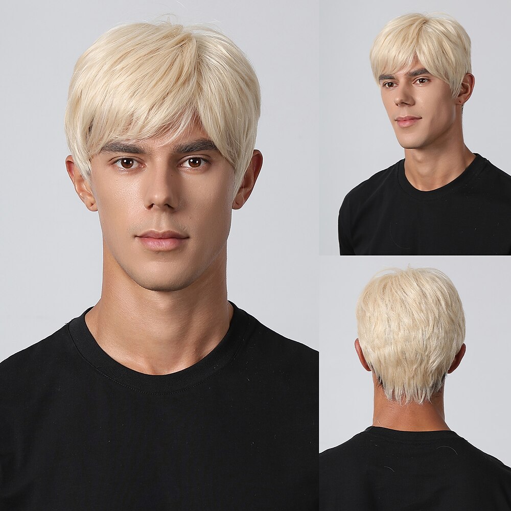 Synthetische Perücke, verworrener gerader Mittelteil, geschichteter Haarschnitt, maschinell hergestellte Perücke, 20,3 cm, hellgoldenes Kunsthaar, Herren, Cosplay, Party, Mode, blond, Lightinthebox