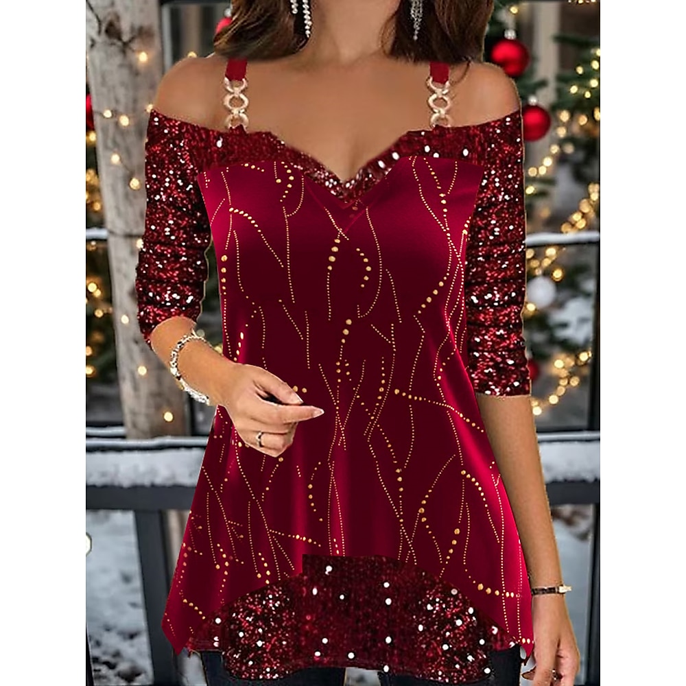 Damen Hemd T Shirt Bluse Weihnachts-Shirt velvet Gestreift Funkelnd Pailletten Bedruckt Party Weihnachten Wochenende Fest / Feiertage Kalte Schulter Langarm V Ausschnitt Wein Frühling Herbst Lightinthebox