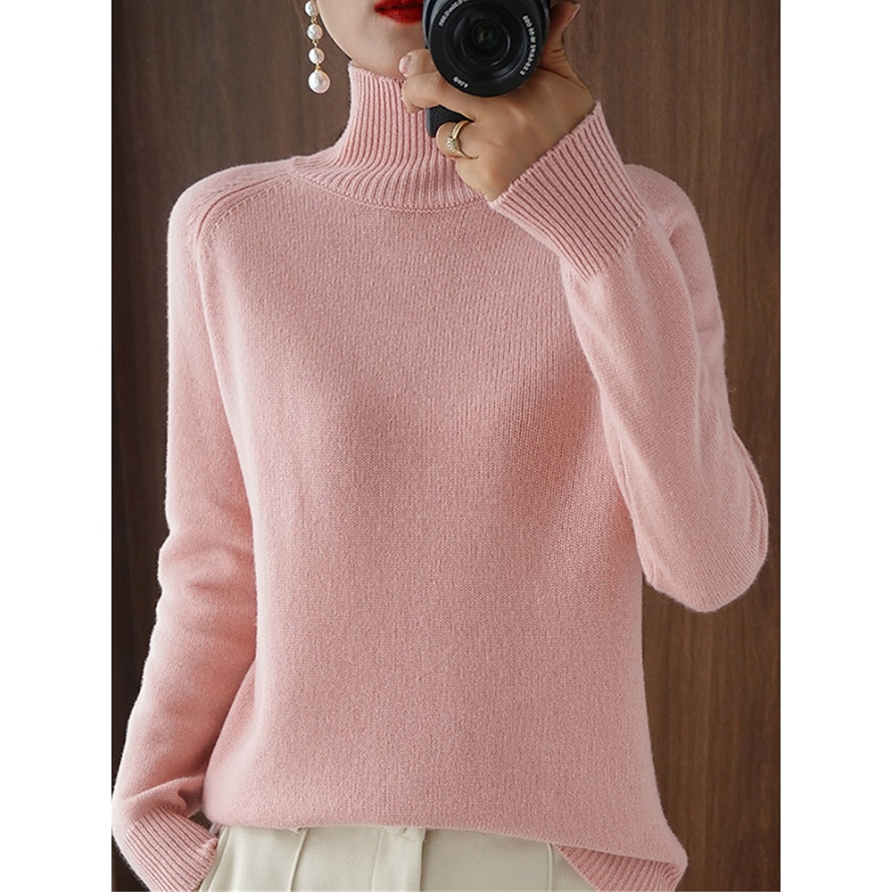 Damen Pullover Ständer Gerippt Stricken Polyester Strick Herbst Winter Standard Outdoor Täglich Festtage Modisch Strassenmode Brautkleider schlicht Langarm Feste Farbe Schwarz Weiß Rosa M L XL Lightinthebox