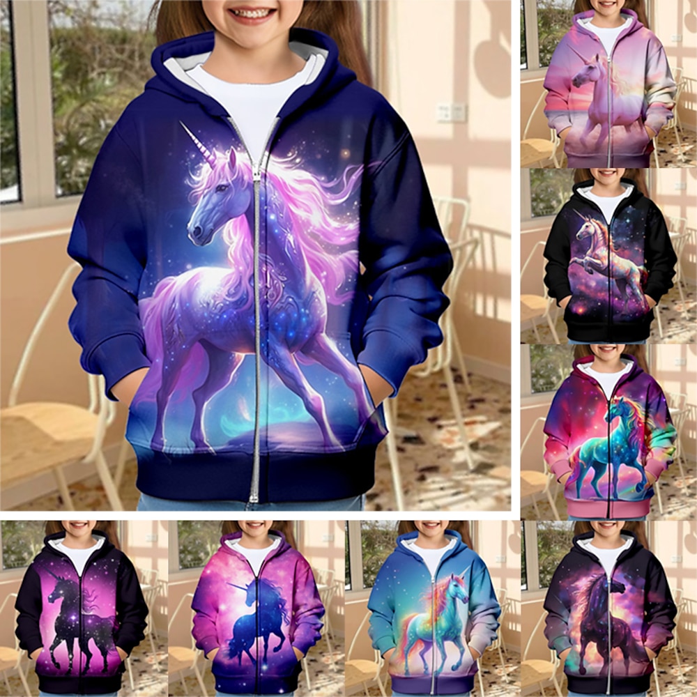 Mädchen 3D Einhorn Kapuzenshirt Mantel Oberbekleidung Langarm 3D-Druck Herbst Winter Aktiv Modisch Kuschelig Polyester kinderkleidung 3-12 Jahre Outdoor Casual Täglich Regular Fit Lightinthebox