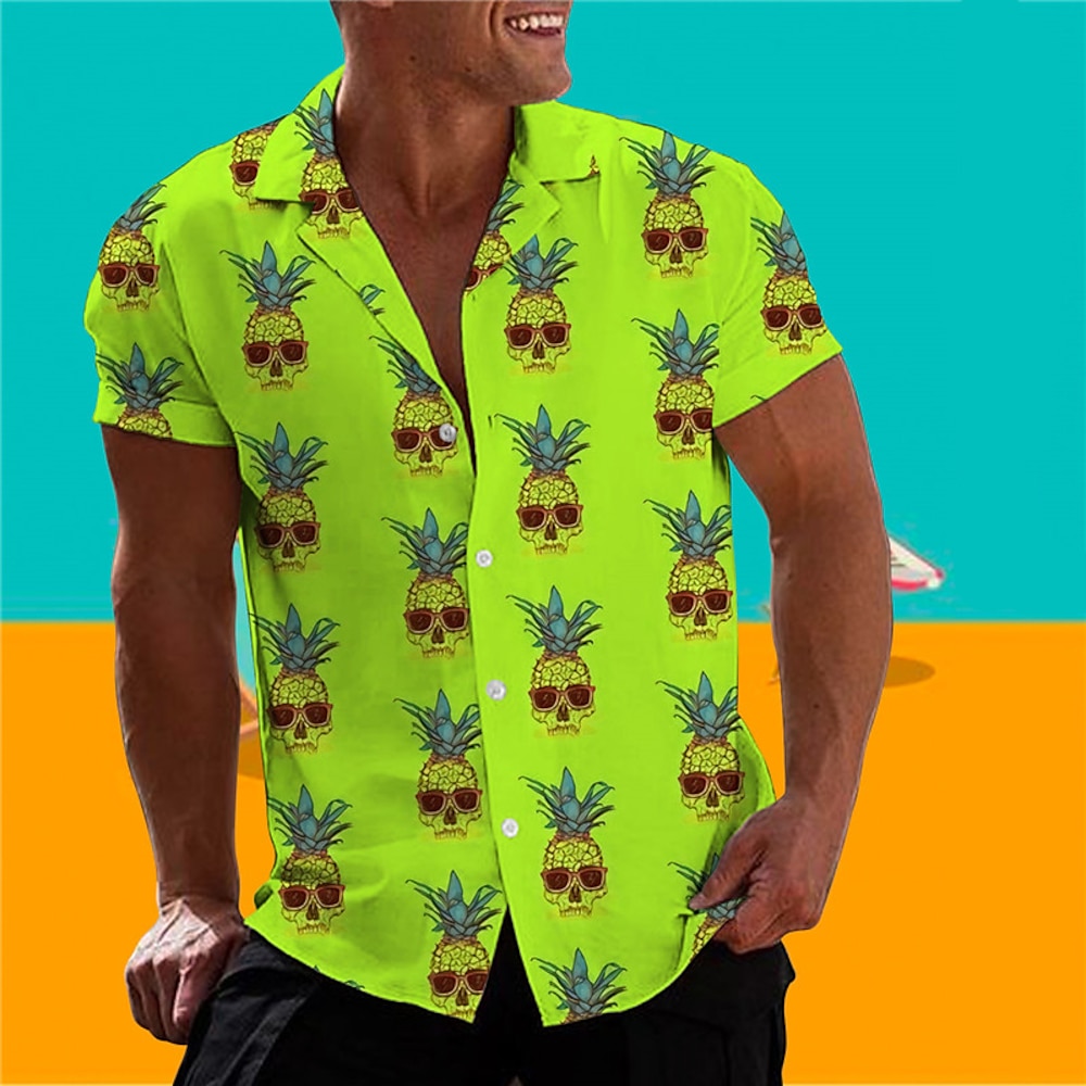 Herren Totenkopf Motiv Ananas Hemd Hawaiihemd Sommerhemd Kurzarm Hemd Umlegekragen Tropisch Modisch Hawaiianisch Casual Hawaiianisch Festtage Gelb Hellgrün Blau S M L Lightinthebox