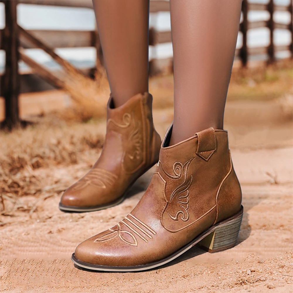 Damen-Westernstiefeletten aus braunem Kunstleder mit gestickten Details, Cowboystiefel im Vintage-Stil für Rodeo und Freizeit Lightinthebox