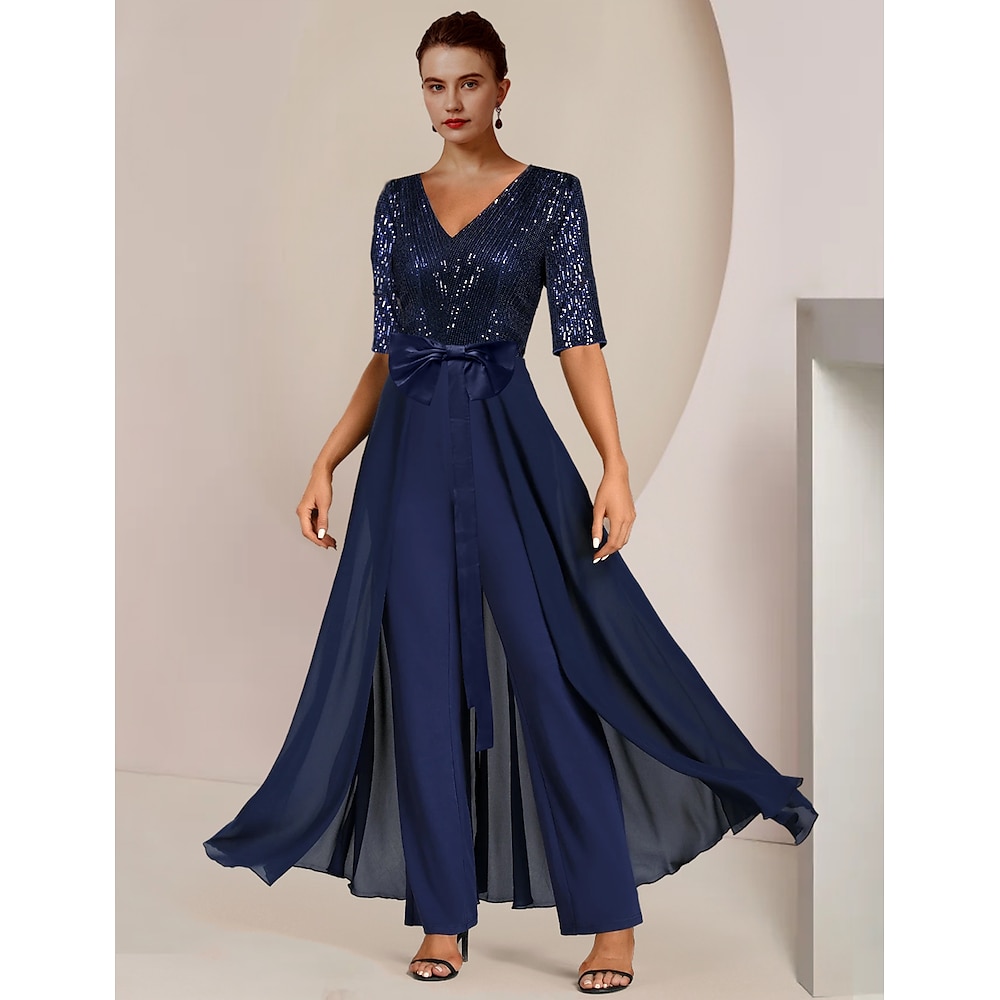 TS Overall / Hosenanzug Mutter der Braut Kleid formelle Hochzeitsgäste eleganter Rundhalsausschnitt Knöchellänge Chiffon Pailletten Halbarm mit Schleife(n) Pailletten 2025 kostenlose Sonderanfertigung Lightinthebox