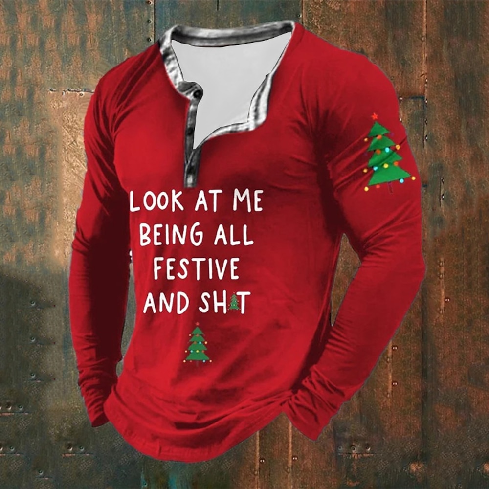 Weihnachts-Herren-Henley-T-Shirt mit lustigem Weihnachtsmotiv und Baum-Grafik, modisch, lässig, 3D-Druck, Henley, lässig, Urlaub, Ausgehen, Schwarz/Rotamp;weiß grün langarm henley Lightinthebox