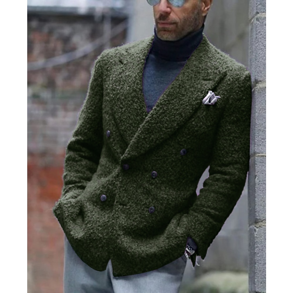 Herrenmode, lässiger Tweed-Blazer, Jacke aus Fleece, Brusttasche, Blazer in Übergröße, normale Passform, einfarbig, zweireihig, sechs Knöpfe, lila, grau, 2024 Lightinthebox