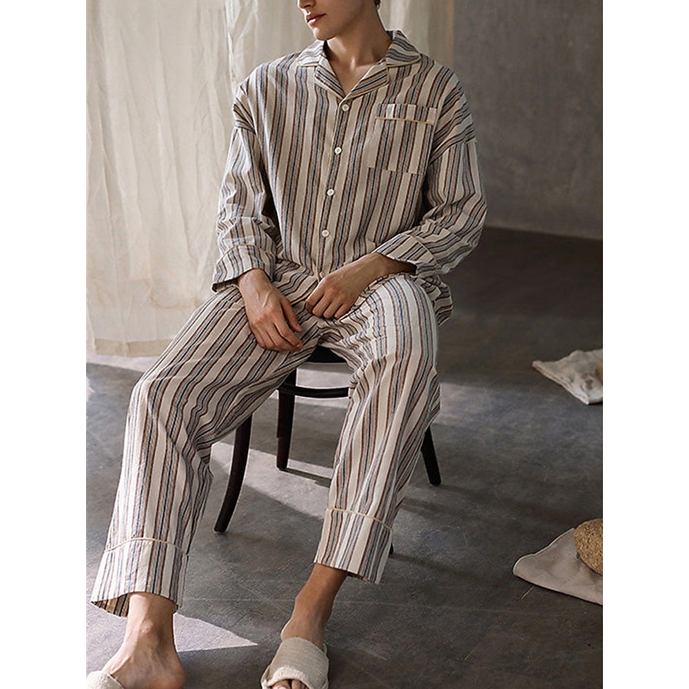 Herren Hausanzug Schlafanzüge Schlafanzug Set Pyjama-Oberteil und Hose 2 Stück Streifen Stilvoll Brautkleider schlicht Komfort Heim Täglich Bett Polyester Komfort Weich Kargen Langarm Hemd Hose Lightinthebox