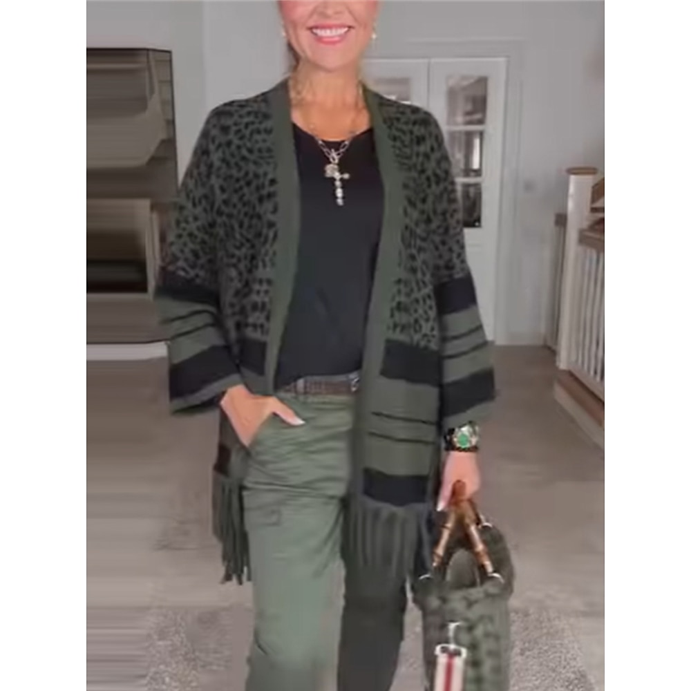 Damen Strickjacke Pullover Jacke Modisch Brautkleider schlicht Weich Leopard Gestreift Gerippt Öffnung vorne Quaste Strick Bedruckt Langarm Normale Oberteile Stricken Outdoor Täglich Ausgehen Lightinthebox