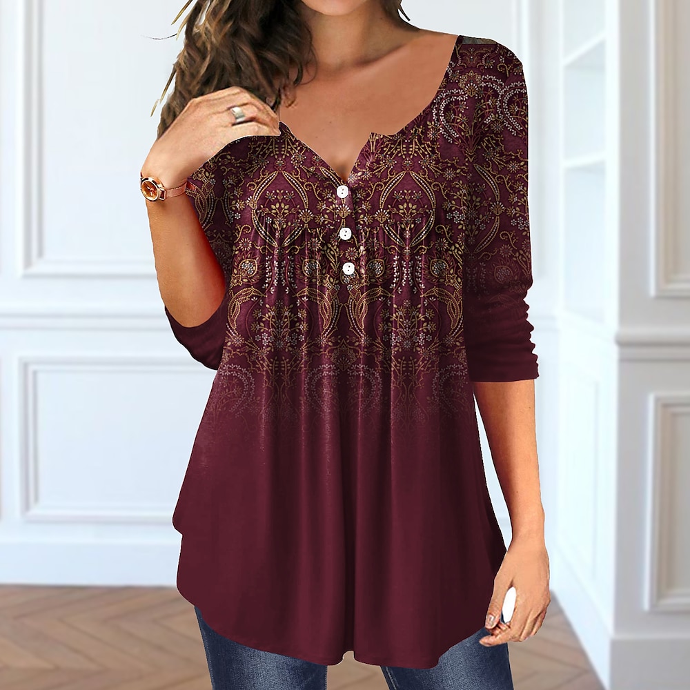 Damen T Shirt Henley Shirt Taste Bedruckt Täglich Wochenende Modisch Langarm V Ausschnitt Rote Frühling Herbst Lightinthebox