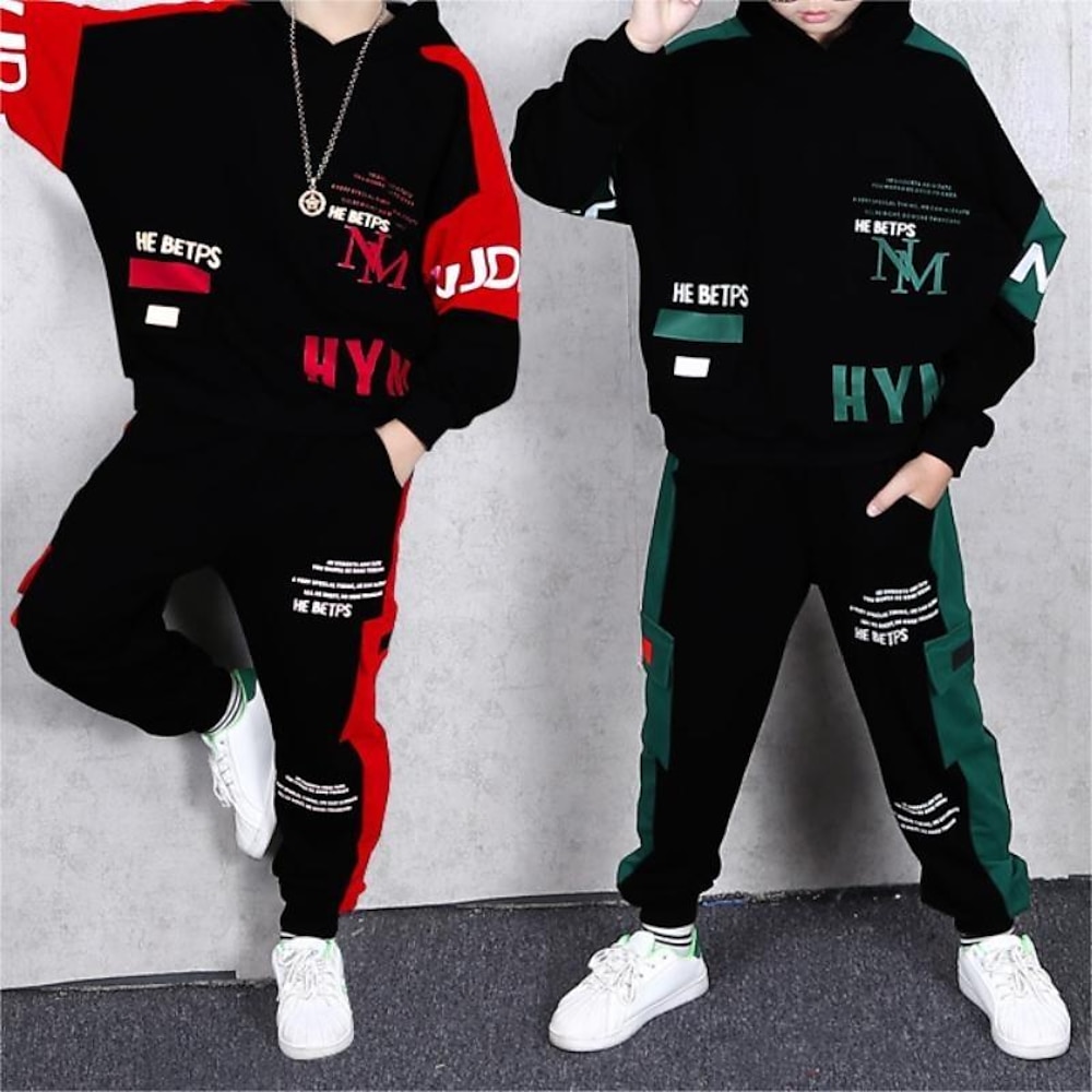 2 Stück kinderkleidung Jungen Kapuzenpulli Hose Outfit Graphic Buchstabe Langarm Tasche Set Outdoor Modisch Cool Frühling Herbst 7-13 Jahre Schwarz Dunkelgrün Lightinthebox