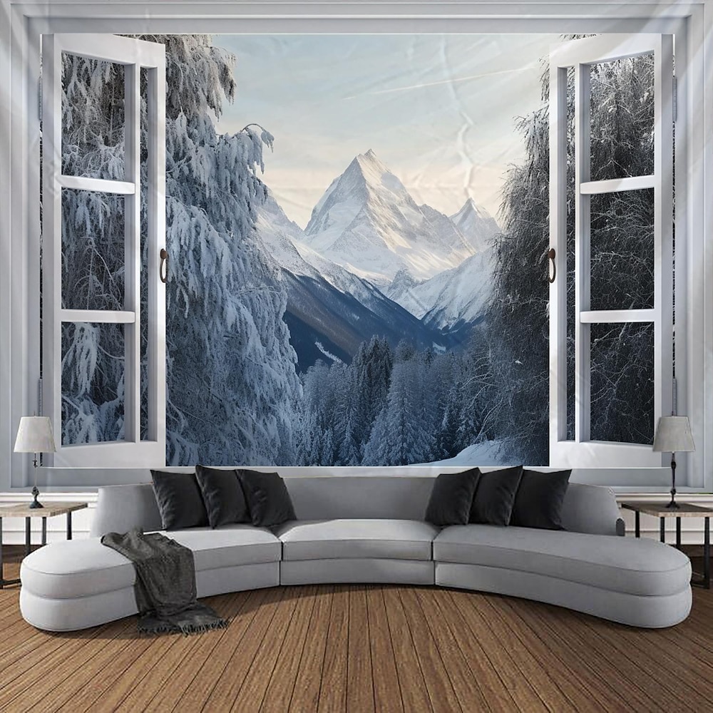 Fenster Schnee Berg hängende Wandteppich Kunst große Wandteppich Wanddekor Foto Hintergrund Decke Vorhang Zuhause Schlafzimmer Wohnzimmer Dekoration Lightinthebox