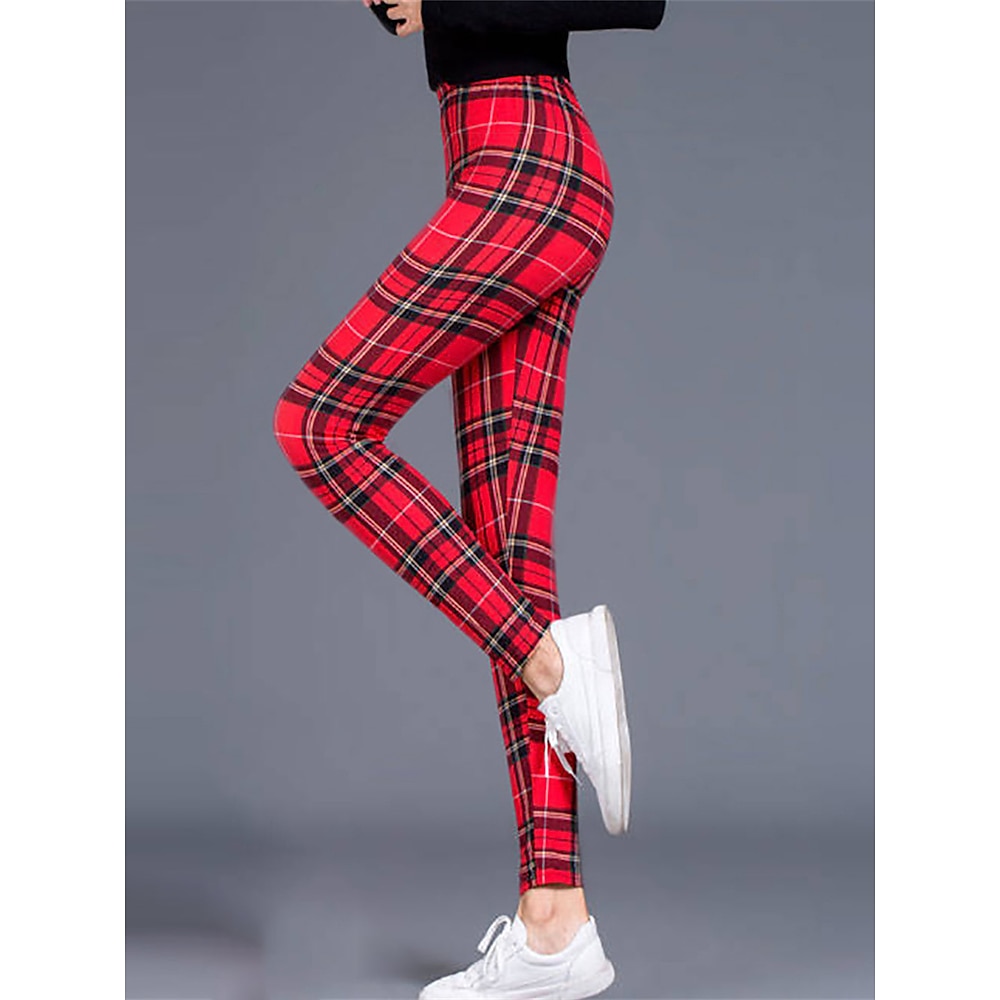 Damen-Leggings, Schottenkaro, rot, dehnbarer elastischer Bund, lässige Alltagskleidung, Herbst/Winter, bequeme Passform, schmale Größen verfügbar, modische Hosen Lightinthebox