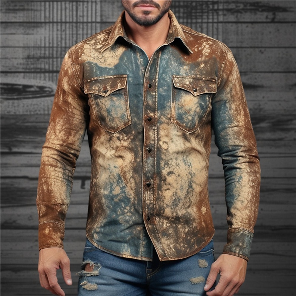 Herren Graffiti Hemd Westernhemd Cowboy-Shirt Langarm Vintage Freizeitskleidung Ausgehen Wochenende Herbst Winter Umlegekragen Tasche Bedruckt Button-Down Weiß Blau Lightinthebox