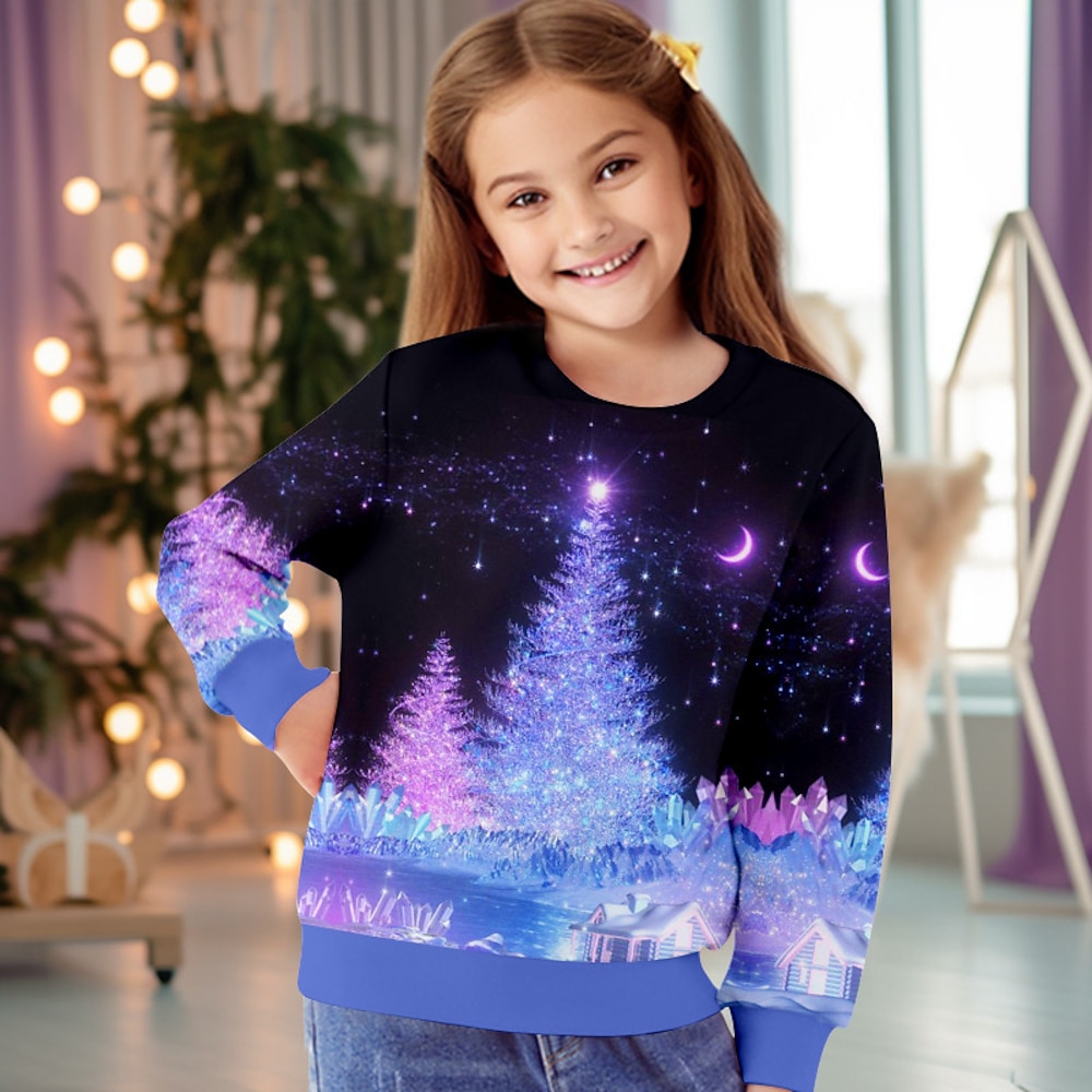 Mädchen 3D Weihnachtsbaum Weihnachts-Sweatshirt Pullover Langarm 3D-Druck Herbst Winter Modisch Strassenmode bezaubernd Polyester kinderkleidung 3-12 Jahre 4-12 Jahre Rundhalsausschnitt Outdoor Lightinthebox