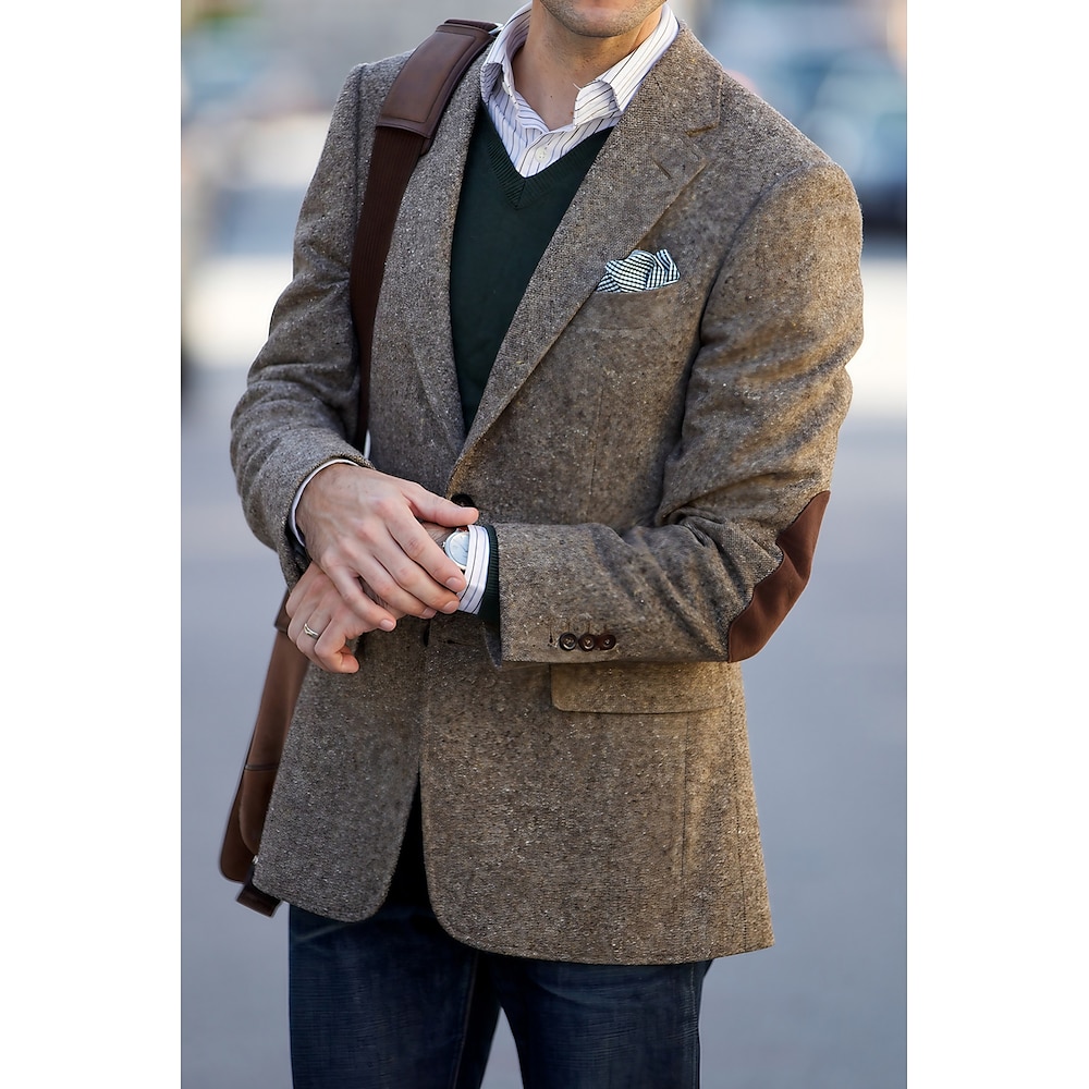 Herren-Blazer aus Tweed mit Fischgrätenmuster, Vintage-Stil, Übergröße, normale Passform, einreihig, zwei Knöpfe, grün, Khaki, 2024 Lightinthebox