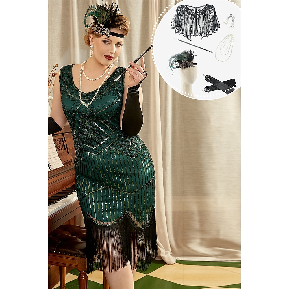 Retro Vintage Brüllen 20s 1920s Flapper Kleid Kleid Austattungen Der große Gatsby Damen Pailletten Quaste Übergröße Weihnachten Halloween Karneval Halloween Party / Abend Erwachsene Kleid Umhang Ärmel Lightinthebox