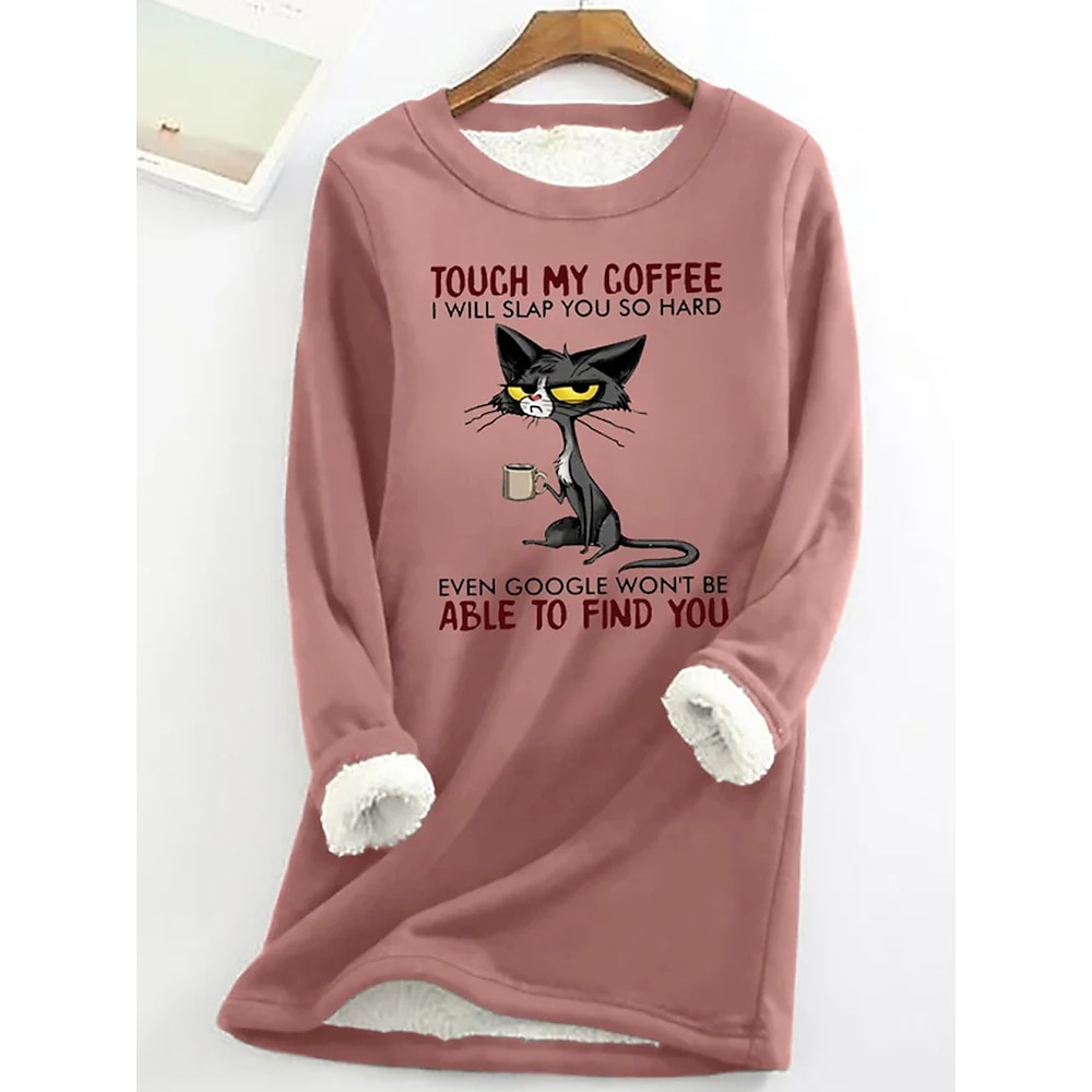 Damen-Sweatshirt, Pullover, Sherpa-Katzen-Buchstaben, lässig, sportlich, warm, flauschig, bequem, Rundhalsausschnitt, langärmeliges Oberteil, mikroelastisch, Herbstamp;Winterkomfort, atmungsaktives, Lightinthebox