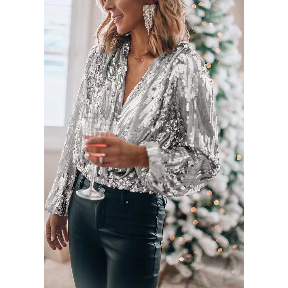 Damen Hemd Bluse Mode glitzernde Pailletten Laternenärmel Langarm Normale Oberteile V-Ausschnitt Party Silber Weiß Gold Frühlingamp; fallen Lightinthebox