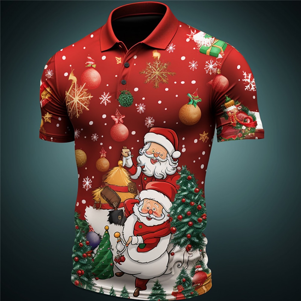 Weihnachts-Poloshirt für Herren mit Weihnachtsmann-Motiv, 3D-Motiv, Weihnachtsmann, lässig, Golf, kurzärmlig, Outdoor, Alltagskleidung, Streetwear, Herbst, 3D-Druck, Turndown, gelb, weinrot, Polyester Lightinthebox