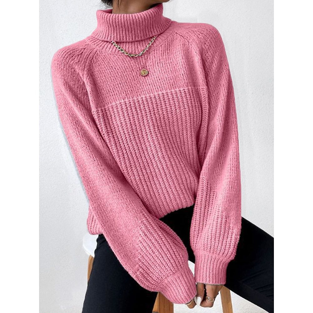 Damen Pullover Stilvoll Brautkleider schlicht Weich Feste Farbe Gedrehtes Waffel Rollkragen Geflochten Langarm Lange Oberteile Stricken Party Ausgehen Wochenende Rosa Grau Herbst Winter Lightinthebox