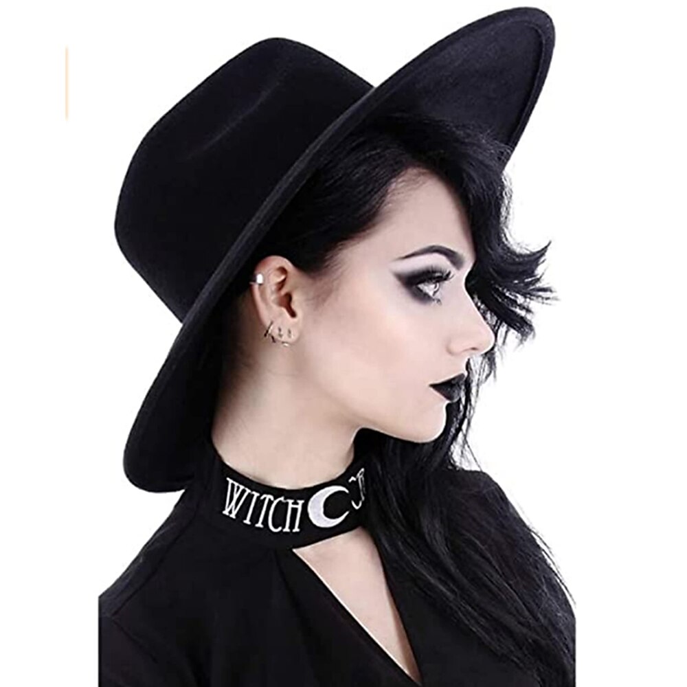 Punk-Gothic-Hut mit breiter Krempe, Fedora-Hut, Hexenhut, steifes Damenmode-Accessoire, schwarze Wolle, breiter Krempe, Steampunk-Hexenhut Lightinthebox