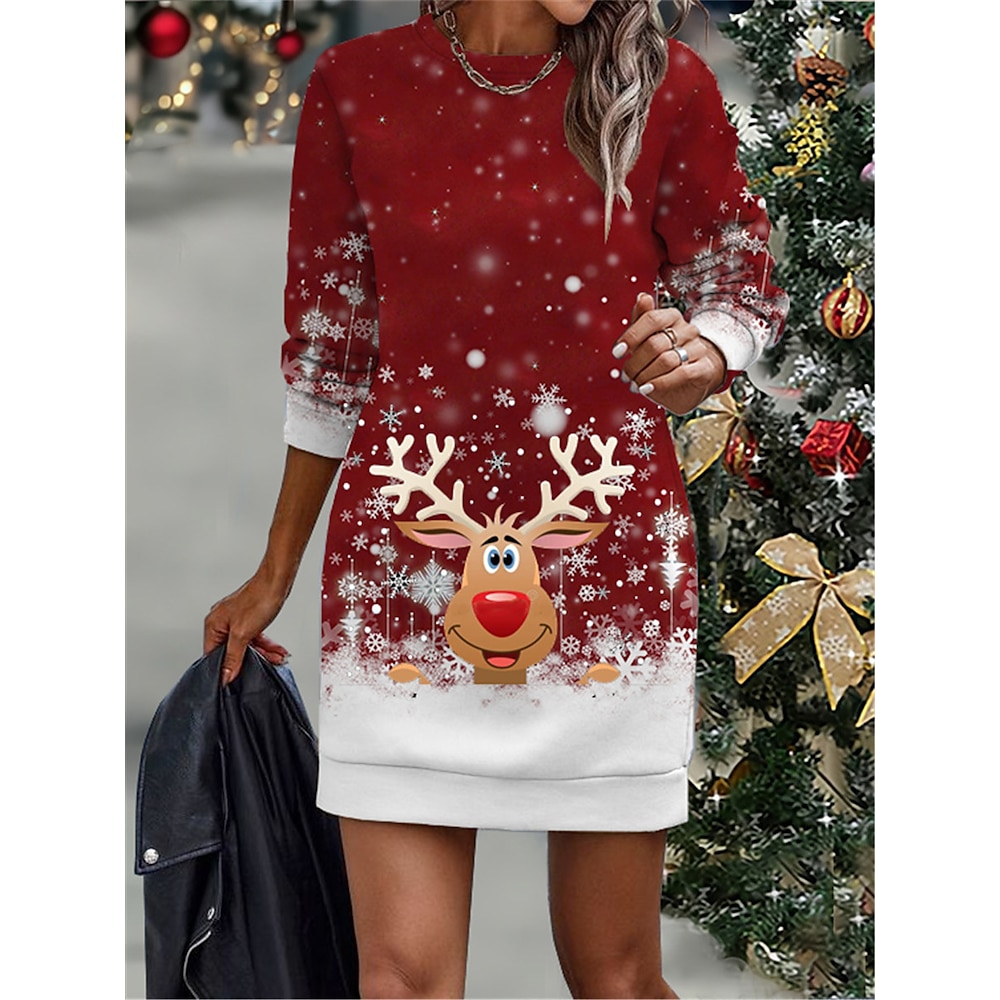 Weihnachts-Sweatshirtkleid für Damen, langärmelig, Rentier, Schneeflocken-Print, Urlaub, rot, Winter, festlich, Party, lässig, gemütlich, Loungewear, entspannte Passform, verschiedene Größen Lightinthebox