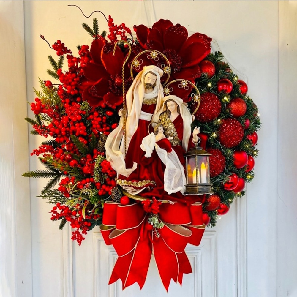 Heiliger Weihnachtskranz mit Lichtern, elegante rote Jesus-Weihnachtskränze, Weihnachtsdekorationen, Weihnachtskranz für den Außenbereich, künstlicher Kranz beflockt mit gemischten Dekorationen für Lightinthebox