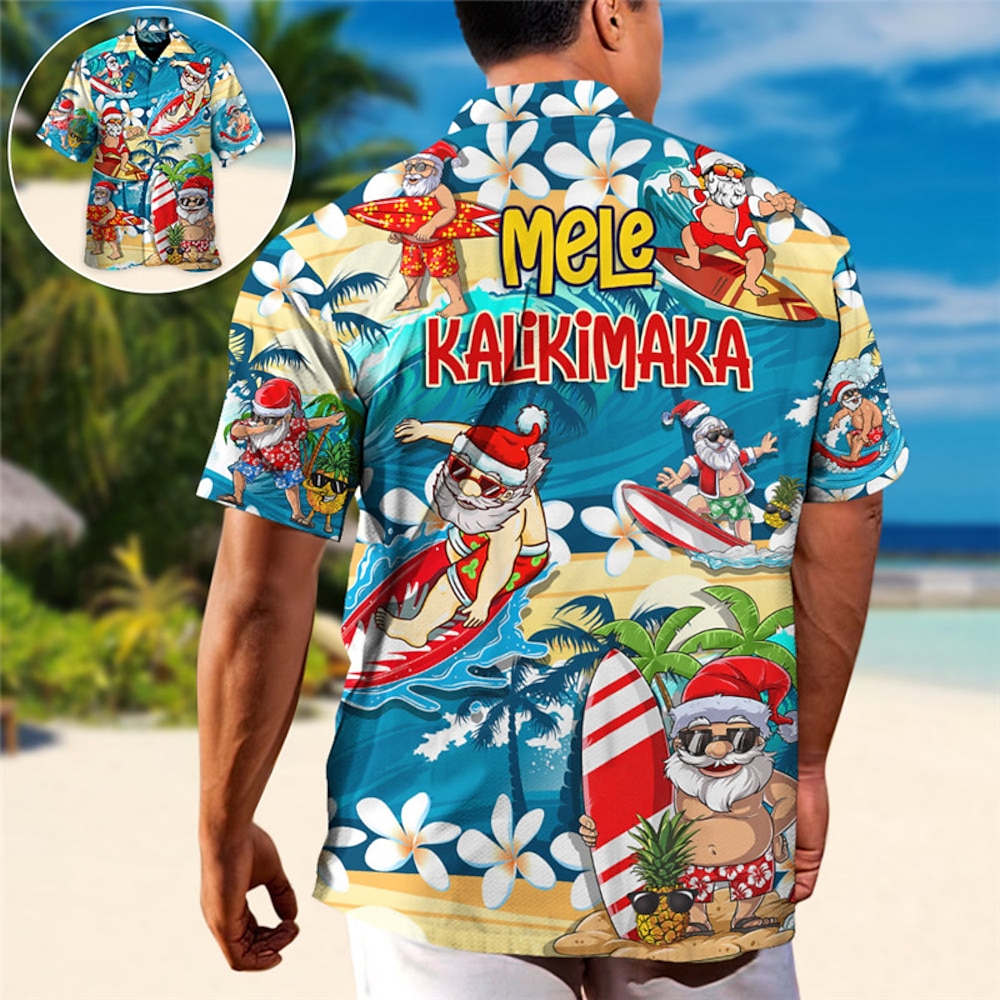 Weihnachts-Herren-Shirts mit lustigem Weihnachts-Print und Blumenmuster, Weihnachtsmann, Hawaiianisch, lässig, Outdoor, Straße, Herbst, Umlegekragen, kurzärmelig, blau, S, M, L Lightinthebox