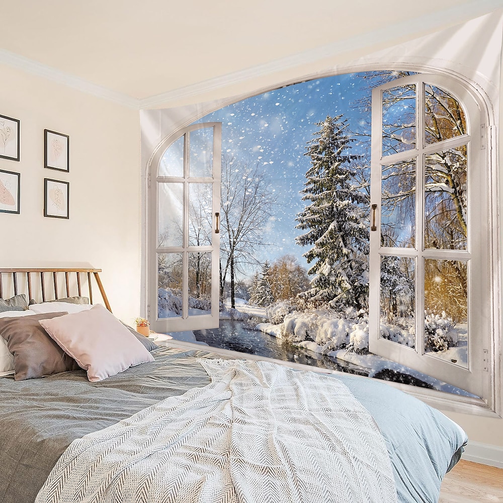 Weihnachtsdekorationen Winterfenster Schneelandschaft Wandteppich Kunst große Wandteppich Wandbild Dekoration Fotografie Hintergrund Decke Vorhänge Haus Schlafzimmer Wohnzimmer Dekoration Lightinthebox