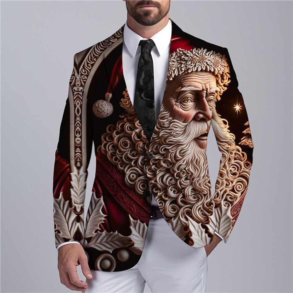 Weihnachts-Blazer für Herren mit Weihnachtsmann-Print, Weihnachtsmann-Business-Mantel, Blazer, warm, atmungsaktiv, bequem, Arbeitskleidung, zum Ausgehen, Knopfdruck, mehrere Taschen, normale Lightinthebox