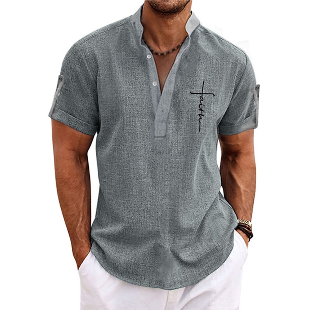 Herren leinenhemd Strandhemd Henley Shirt Retro-Shirts Vintage-Shirt Vertrauen Urlaub Strasse Rosa Blau Grün Khaki Kurzarm Mandarinkragen Sommer Frühling Bekleidung Knopf Lightinthebox