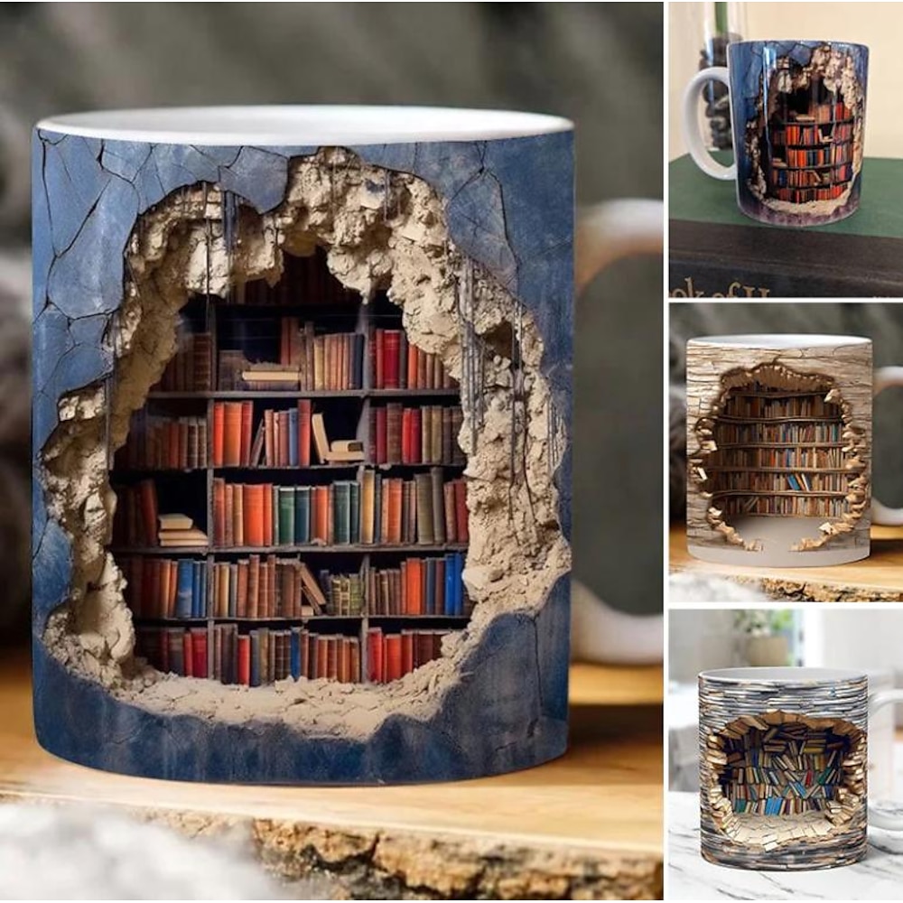 3D Bücherregal Tasse, Keramik Tasse, Bibliothek Bücherregale Loch in einer Wand Tasse, Buchliebhaber Kaffeetasse, coole Büchergeschenke für Leser Weihnachten Weihnachtsgeschenk Lightinthebox