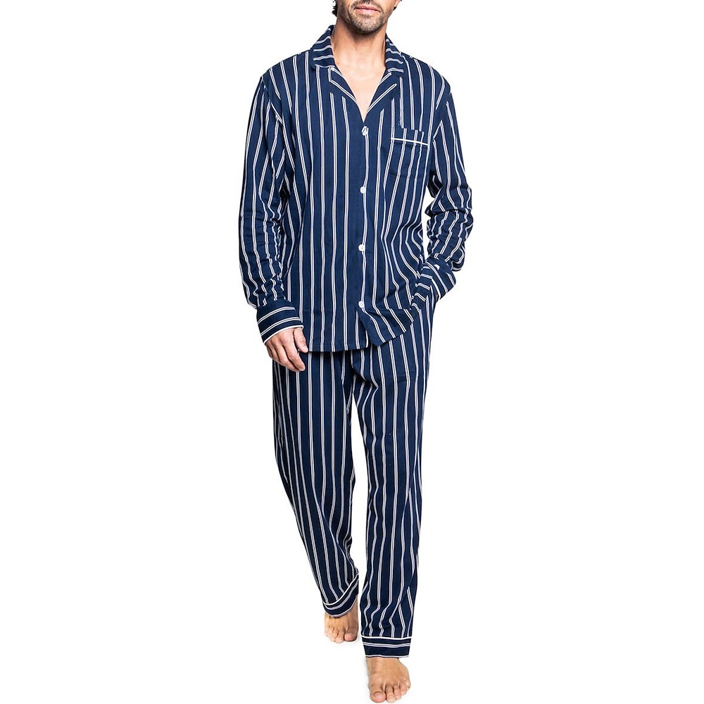 Herren Hausanzug Schlafanzüge Schlafanzug Set Pyjama-Oberteil und Hose 2 Stück Streifen Stilvoll Brautkleider schlicht Komfort Heim Täglich Baumwollmischung Komfort Kargen Langarm Hemd Hose Kordelzug Lightinthebox