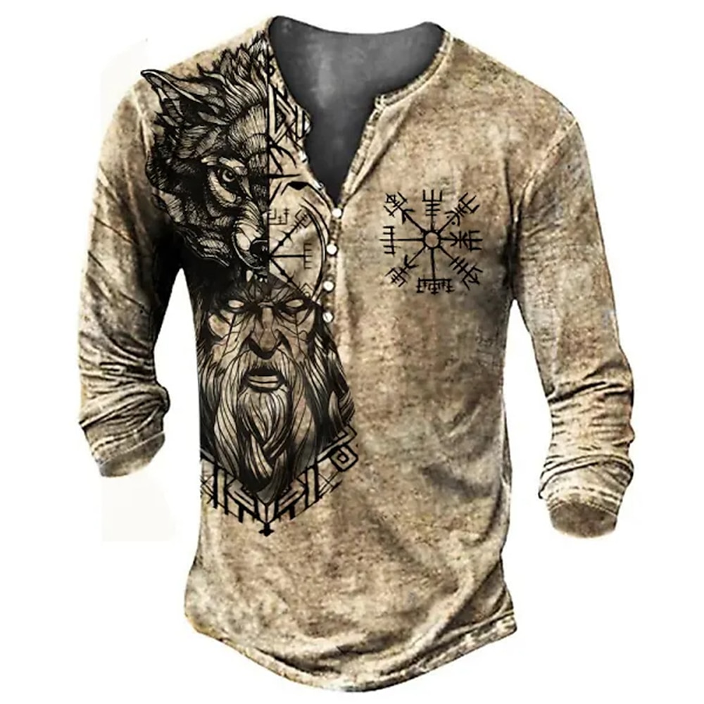 Herren Graphic Vikinger Henley Shirt Langarm 3D-Druck Täglich Brautkleider schlicht Vintage-Retro Casual Festtage Ausgehen Frühling Herbst Khaki Henley Henley T-Shirt Lightinthebox