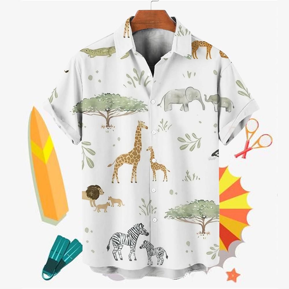 Herren Tier Baum Giraffe Hemd Hawaiihemd Sommerhemd Aloha-Shirt Kurze Ärmel Hemd Umlegekragen Tropisch Modisch Hawaiianisch Strasse Casual Hawaiianisch Gelb Blau Grau S M L Lightinthebox