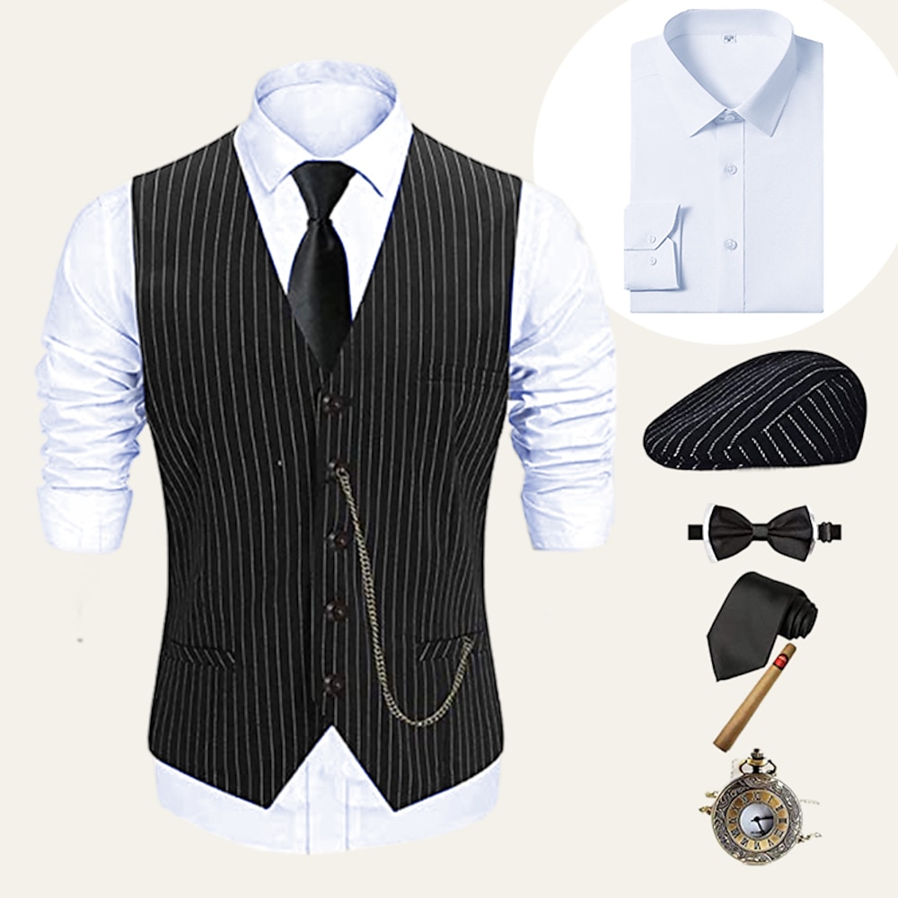 Retro Vintage Brüllen 20s 1920s Austattungen Hemd Weste Gentleman Gangster Herren Feste Farbe Streifen Normal Halloween Karneval Silvester Party / Abend Abiball Festival Erwachsene Weste Hemd Schleife Lightinthebox