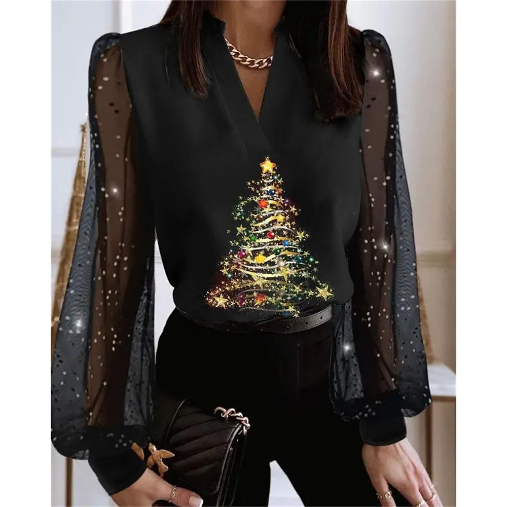 Damen Hemd Bluse Polyester Fest / Feiertage Weihnachtsbaum Gitter Patchwork Bedruckt Langarm Normale Oberteile V Ausschnitt Weihnachten Party Casual Schwarz Blau Frühling Herbst Lightinthebox