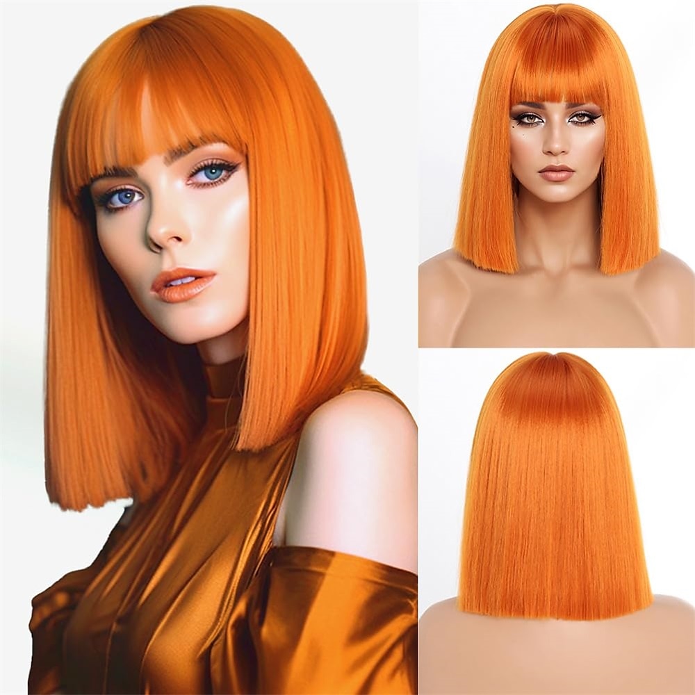 Kurze orangefarbene Bob-Perücken mit Pony, kurze gerade Bob-Perücke in Orange für Damen, Bob-Schnitt-Perücke, schulterlange Perücke, natürlich aussehende Cosplay-Perücke für die tägliche Party, Lightinthebox