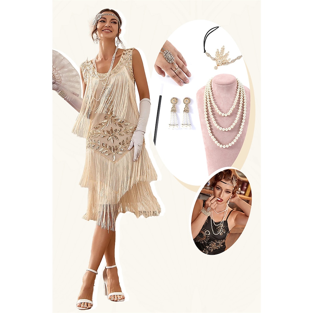 Retro Vintage Brüllen 20s 1920s Flapper Kleid Kleid Austattungen Der große Gatsby Damen Pailletten Quaste Weihnachten Halloween Karneval Halloween Party / Abend Erwachsene Kleid Kopfbedeckung Ohrring Lightinthebox