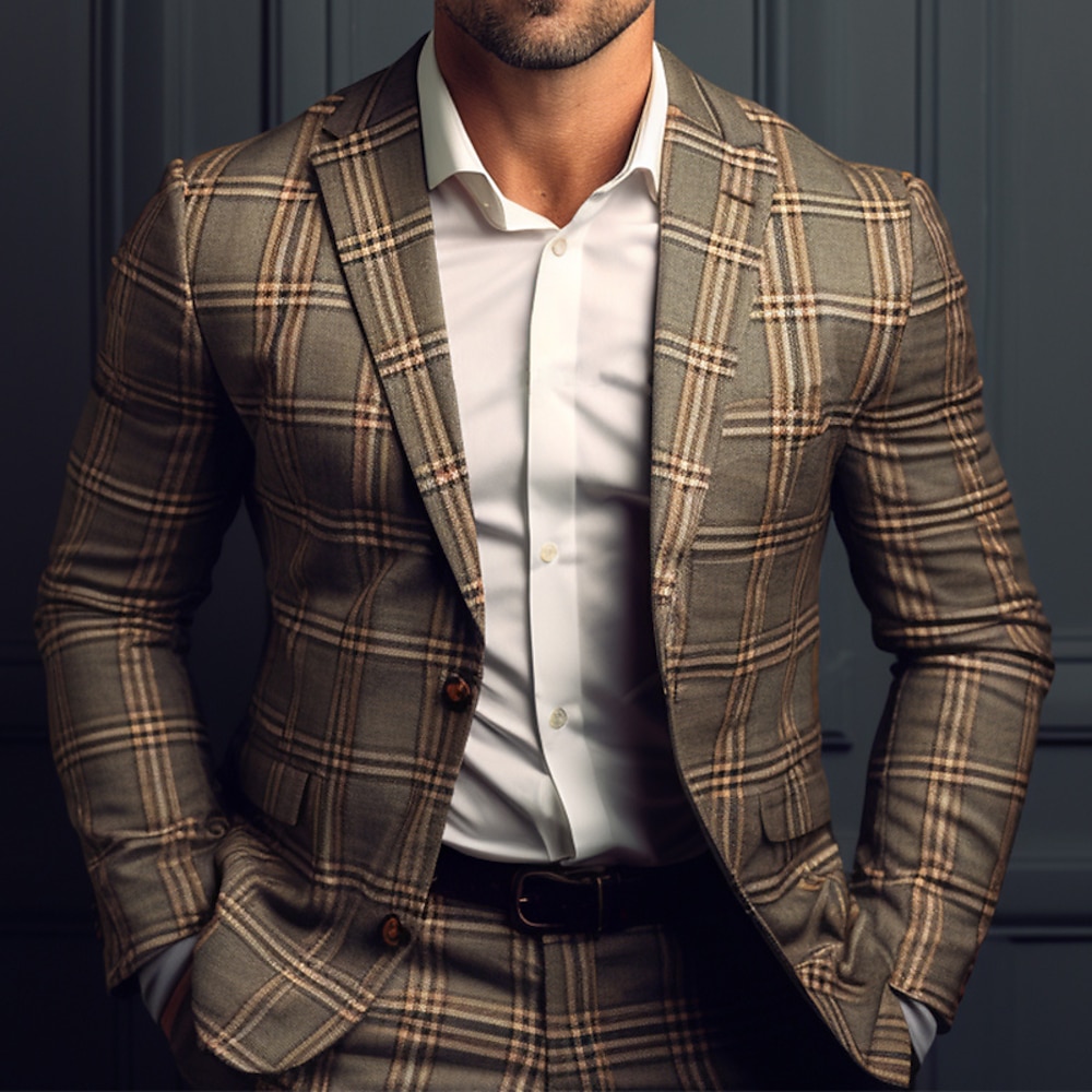 Herren Blazer Sakko Geschäft Formeller Abend Hochzeitsfeier Modisch Brautkleider schlicht Frühling Herbst Polyester Plaid / Karomuster Tasche Lässig / Alltäglich Einreiher - 2 Knöpfe Blazer Blau Lightinthebox