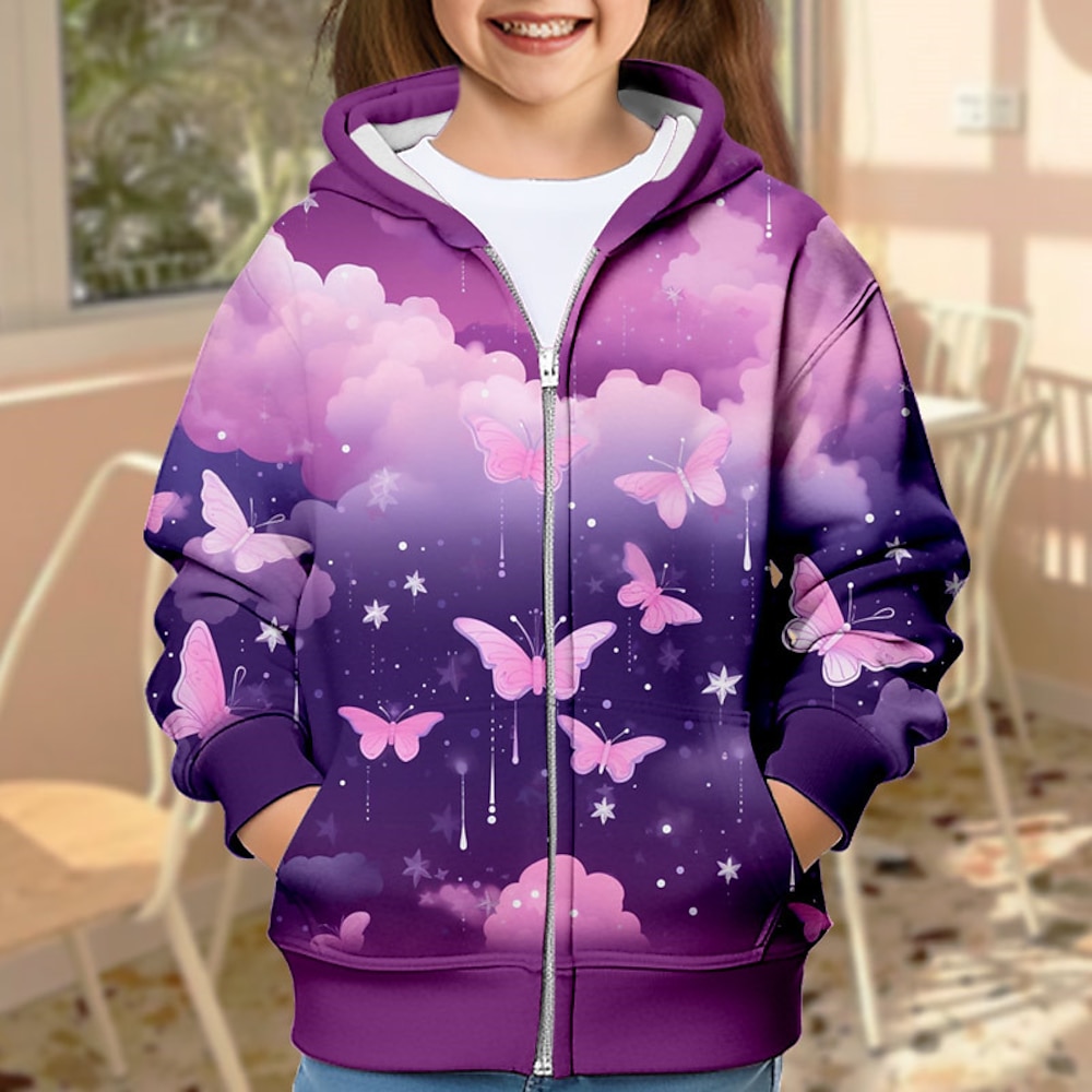 Mädchen-Kapuzenpullover mit 3D-Schmetterlingsmotiv, Oberbekleidung, Galaxie, langärmlig, 3D-Druck, Herbst, Winter, aktiv, modisch, niedlich, Polyester, Kinder 3-12 Jahre, draußen, lässig, täglich, Lightinthebox