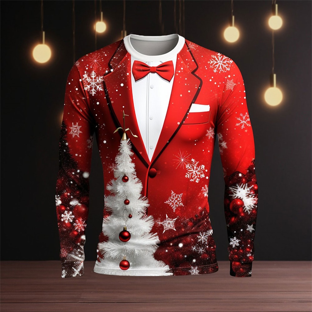 Weihnachten Herren Graphic Weihnachtsmuster T Shirt Langarm T-Shirt 3D-Druck Rundhalsausschnitt Hemd Modisch Designer Brautkleider schlicht Sports Outdoor Festtage Ausgehen Rote Burgunderrot Lightinthebox