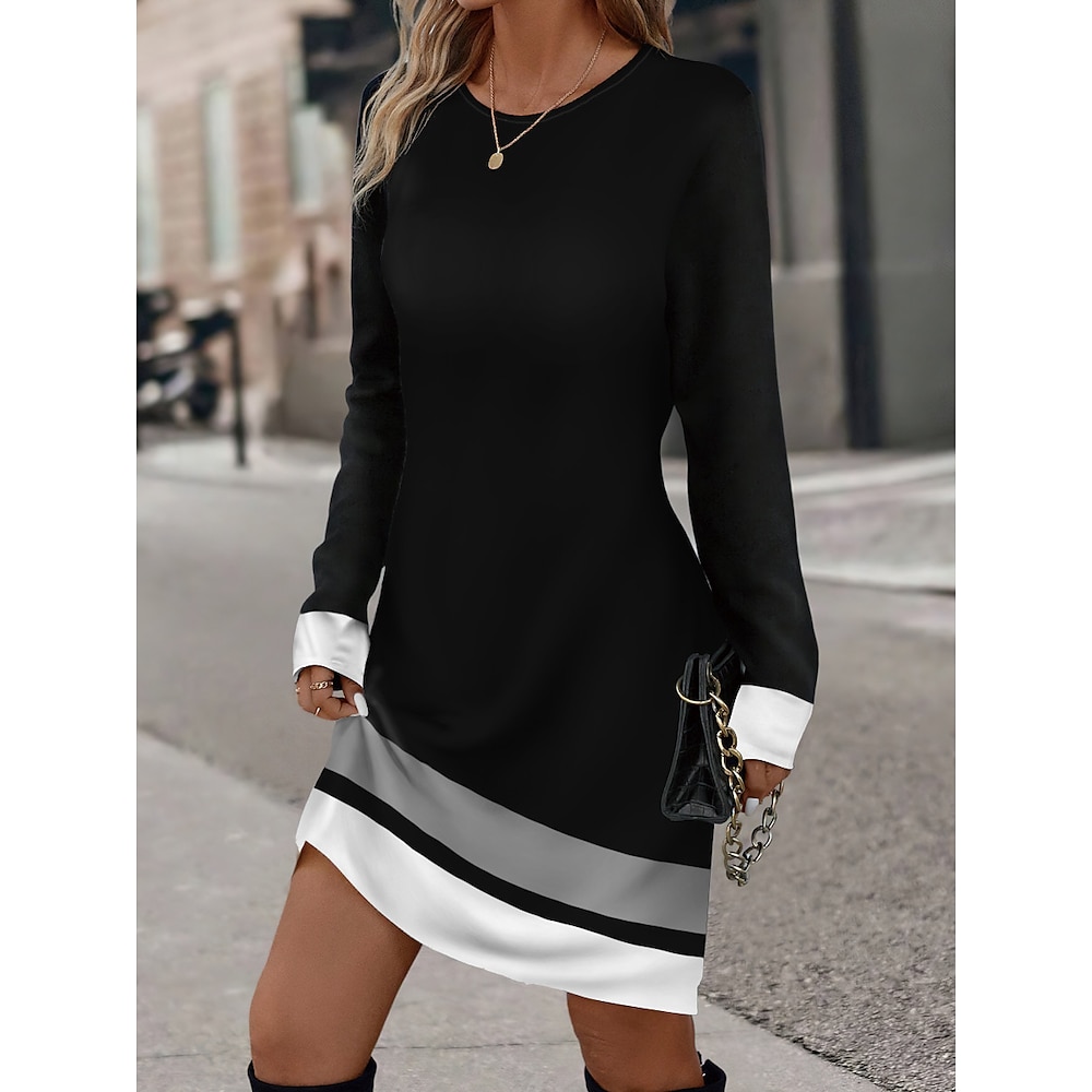 Damen Polyester Winter Kleid Streifen Bedruckt Rundhalsausschnitt Minikleid Täglich Urlaub Langarm Herbst Winter Lightinthebox