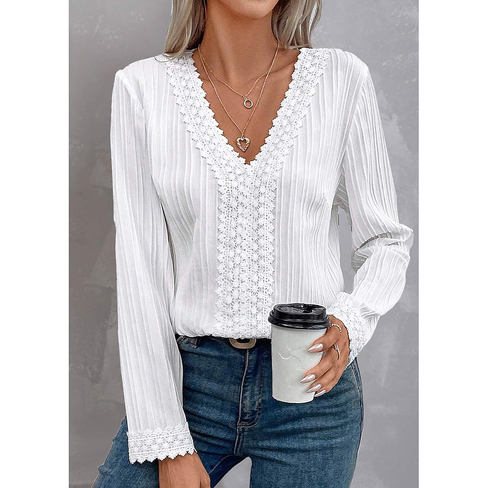 Damen Hemd Spitzenhemd Bluse Elegante Oberteile Spitze Casual Modisch Langarm V Ausschnitt Weiß Frühling Herbst Lightinthebox