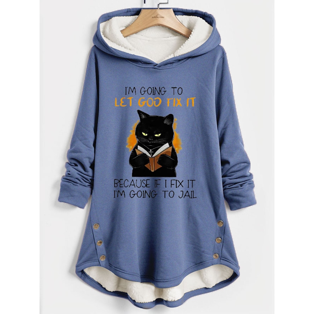 Damen-Kapuzenpullover, Sweatshirt, Pullover, Fleece-gefüttert, Katzen-Buchstaben-Print, lässiger Sport-Print, warme Sportbekleidung, lustiger Kapuzenpullover mit lockerer Passform, langärmeliges Lightinthebox