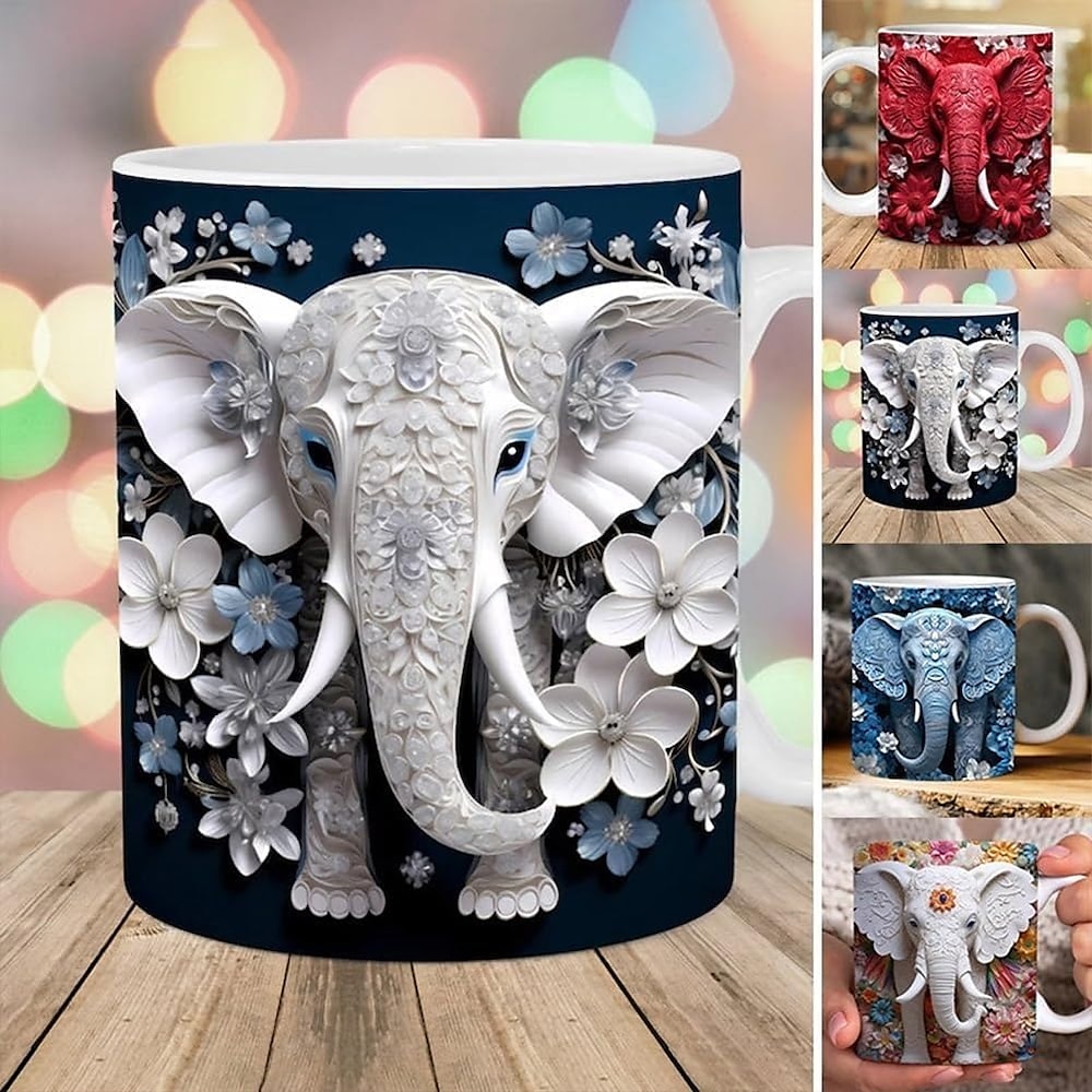 Elefantenbecher, Elefantendruckbecher, 3D-Elefantenbecher, 3D-bedruckte Tassen, Keramikbecher mit Elefantendruck, 3D-Elefant-Kaffeebecher, Schwesternschafts-Freundschafts-Elefant-Ornament für Frauenstamm Lightinthebox