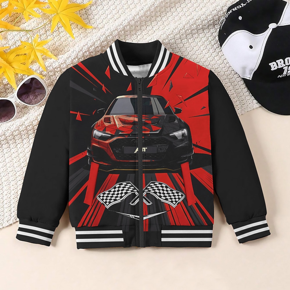 3D-Autojacke für Jungen, langärmelig, Herbst, Winter, aktive Streetwear, cooles Polyester, Kinder 3-12 Jahre, V-Ausschnitt, Reißverschluss, Straße, Alltag, normale Passform Lightinthebox