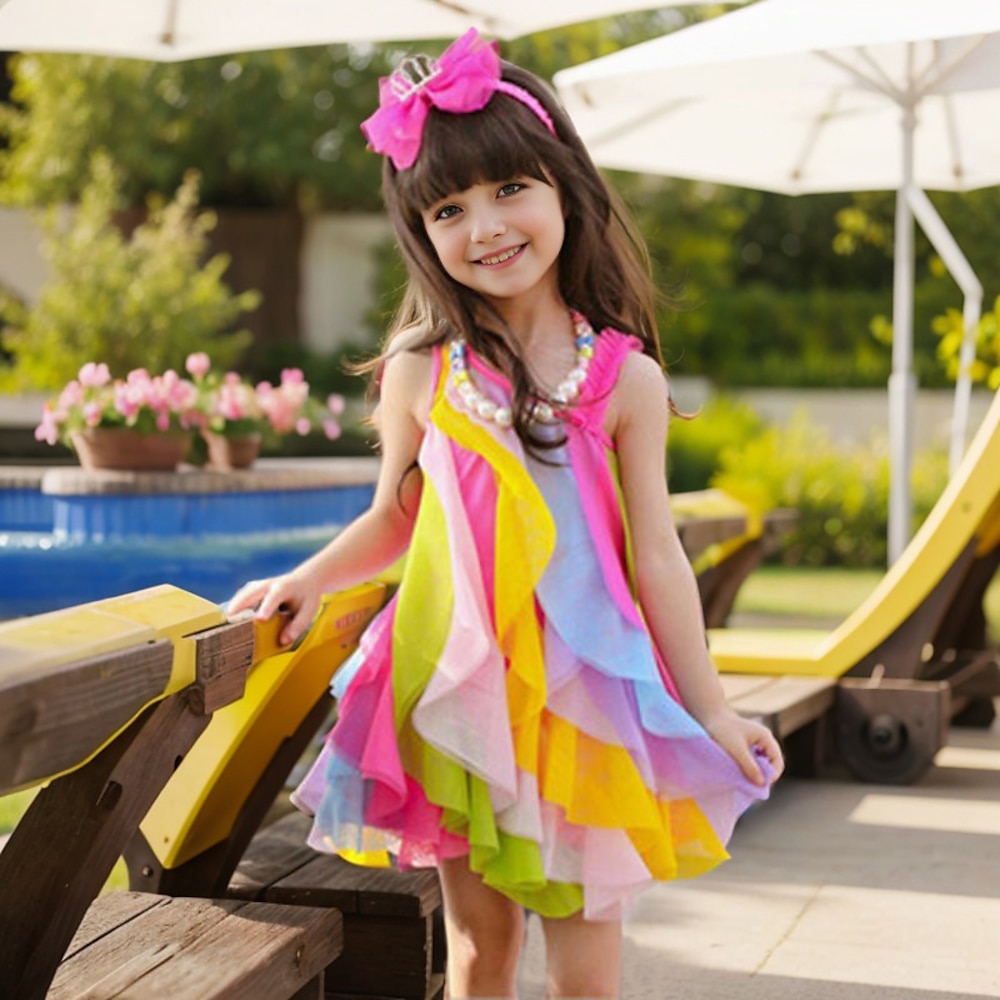 Kinder Wenig Mädchen Kleid Regenbogen Schaukelkleid Party Festtage Strand Rüsche Gitter Fuchsie Baumwolle Asymmetrisch Ärmellos nette Art Boho Schön Kleider Frühling Sommer Regular Fit 3-10 Jahre Lightinthebox