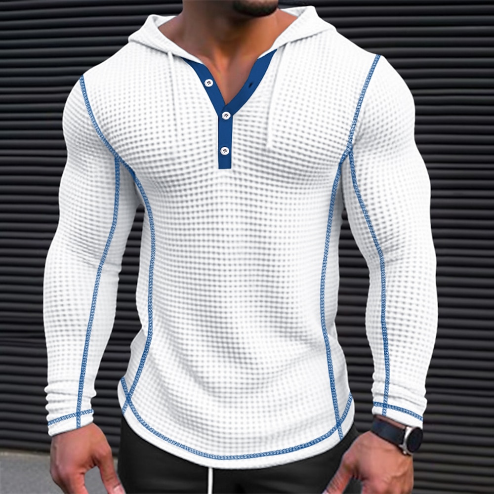 Herren T Shirt Waffel-Henley-Hemd Henley Shirt T-Shirt Langarm Henley Frühling Herbst Glatt Modisch Designer Basic Patchwork Mit Kapuze Urlaub Strasse Ausgehen Schwarz Weiß Marinenblau Top T-Shirt Lightinthebox