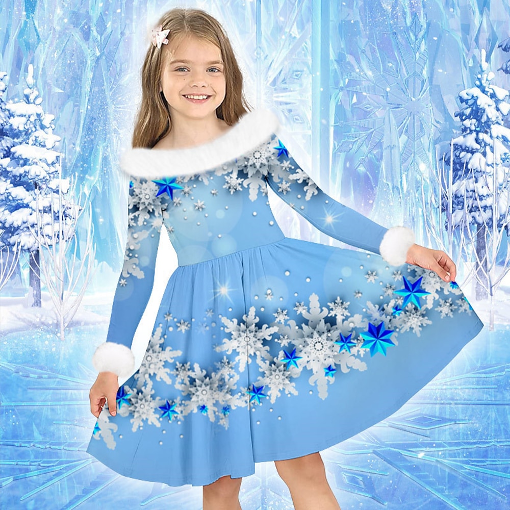 Mädchen' 3D Schneeflocke Kleid Langarm 3D-Druck Herbst Winter Sport Natur Täglich Festtage Kuschelig Brautkleider schlicht Schön kinderkleidung 3-12 Jahre Casual kleid Schaukelkleid A Linie Kleid Lightinthebox